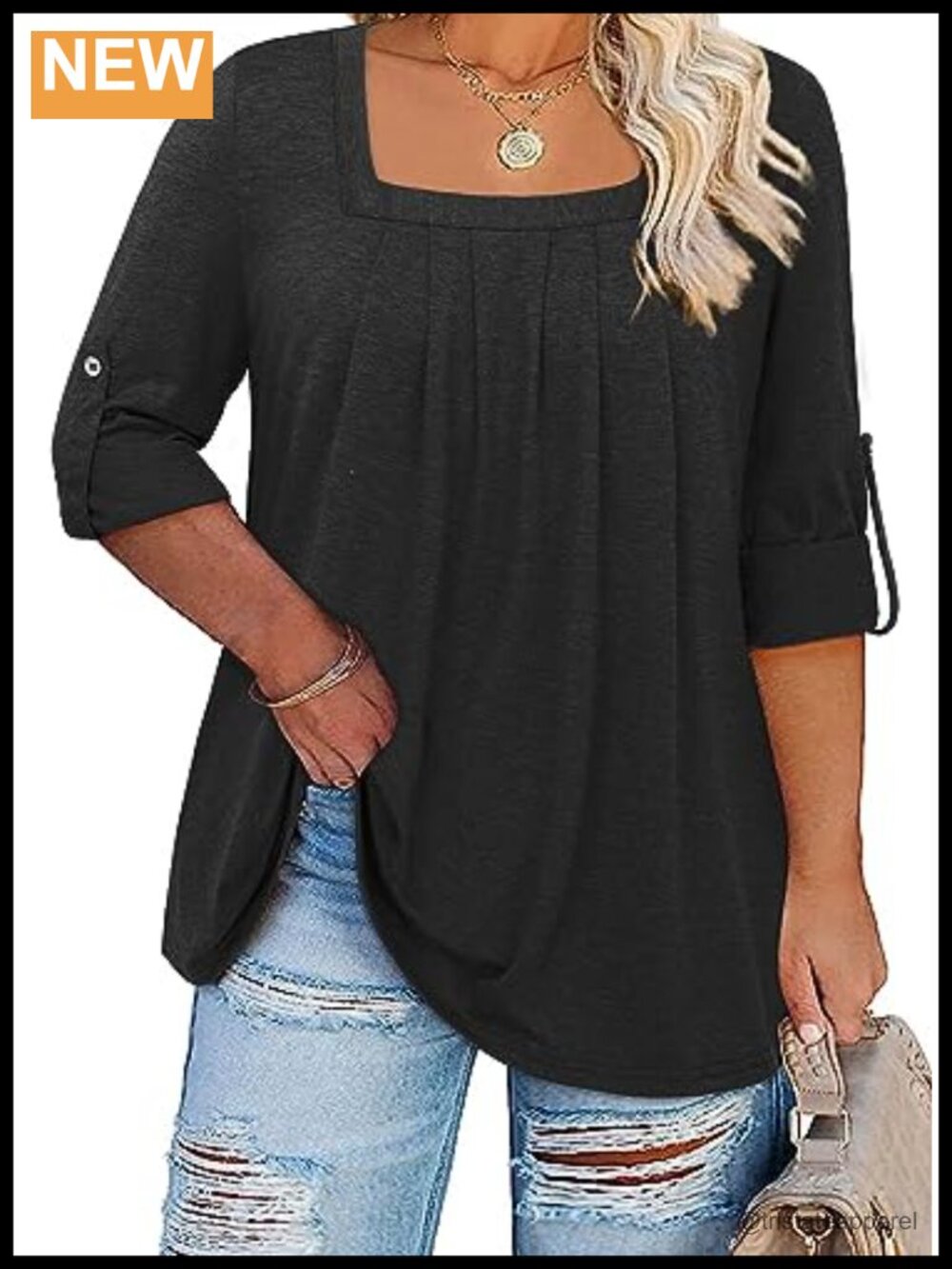 Women's Plus Size Tunic Tops 3/4 Sleeve Square Neck Cotton Polyester Spandex